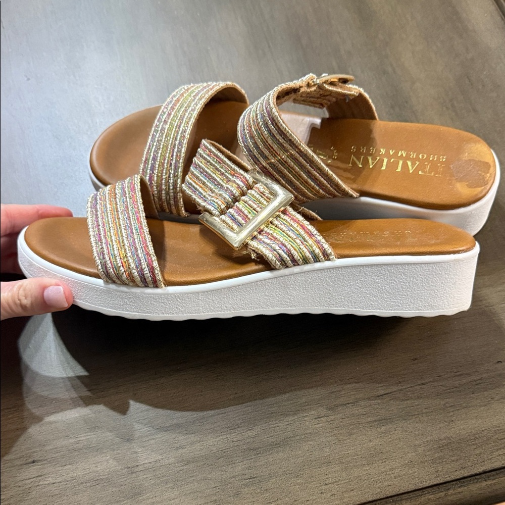 Italian Shoemakers Multistripe Buckle Slide Sandals — Tan Footbed, White Sole - Picture 6 of 6